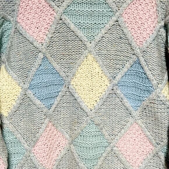 Vintage 80 s Wool Patchwork Chunky knit Pastel Sweater Womens M - Picture 3 of 5